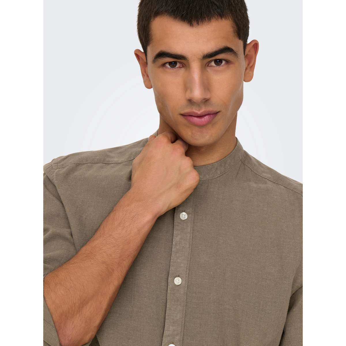 ONLY & SONS MEN’S SLIM FIT LS SOLID LINEN MAO SHIRT 22019173 FOSSIL MELANGE BROWN